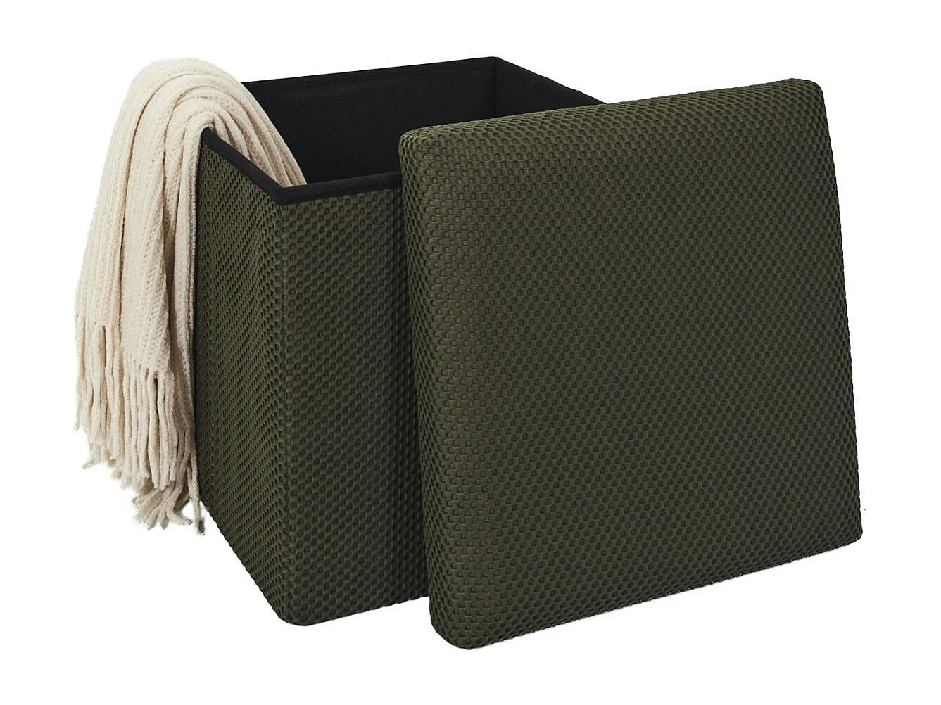 Pouf coffre carré pliable en tissu texturé maille 3D kaki - ELECTRON