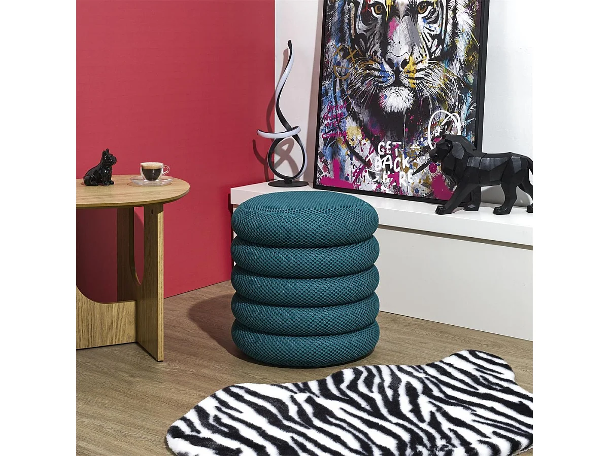 Pouf rangement rond en tissu texturé maille 3D bleu - ELECTRON