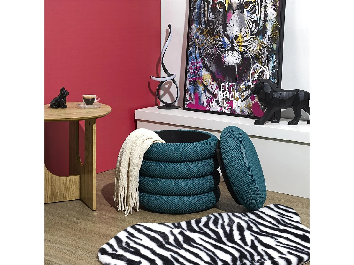 Pouf rangement rond en tissu texturé maille 3D bleu - ELECTRON