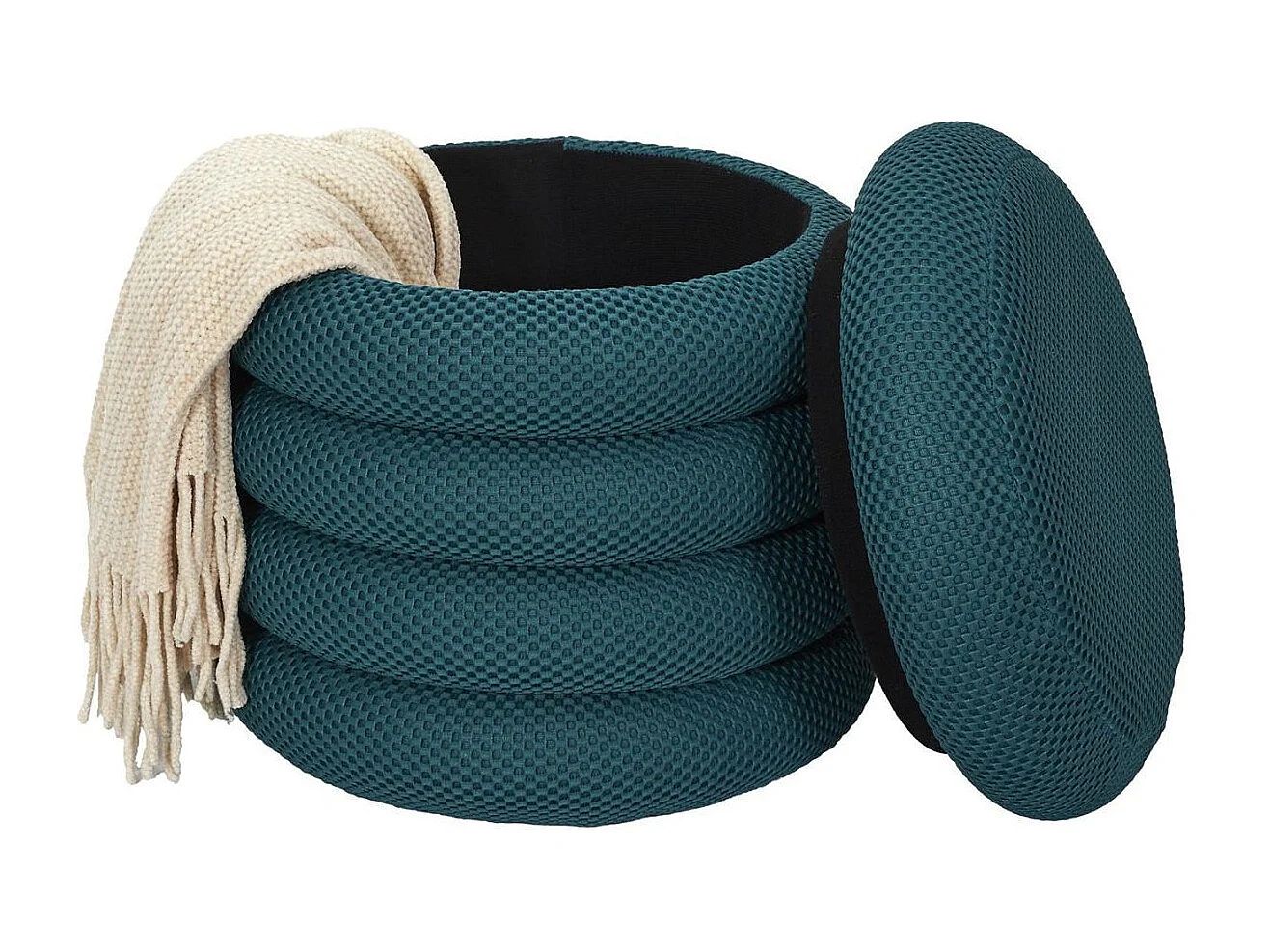 Pouf rangement rond en tissu texturé maille 3D bleu - ELECTRON