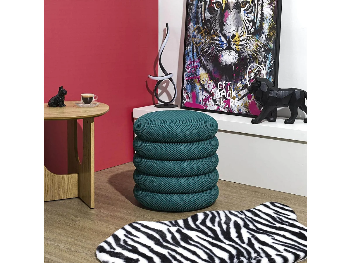 Pouf rangement rond en tissu texturé maille 3D bleu - ELECTRON