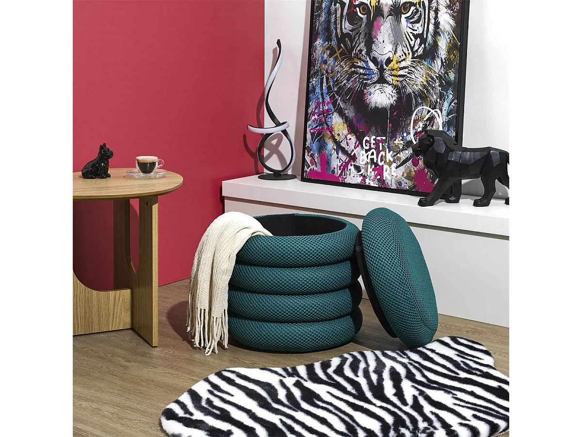 Pouf rangement rond en tissu texturé maille 3D bleu - ELECTRON