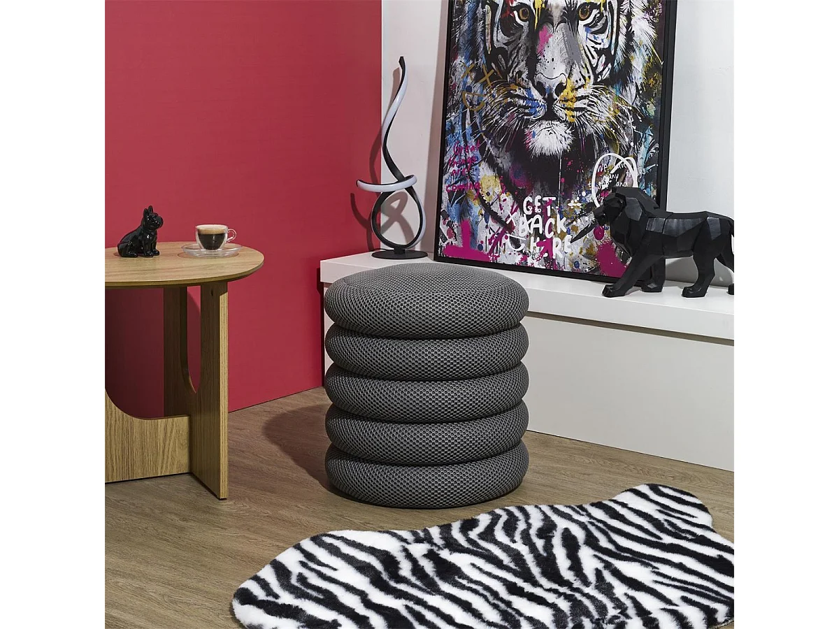 Pouf rangement rond en tissu texturé maille 3D gris - ELECTRON