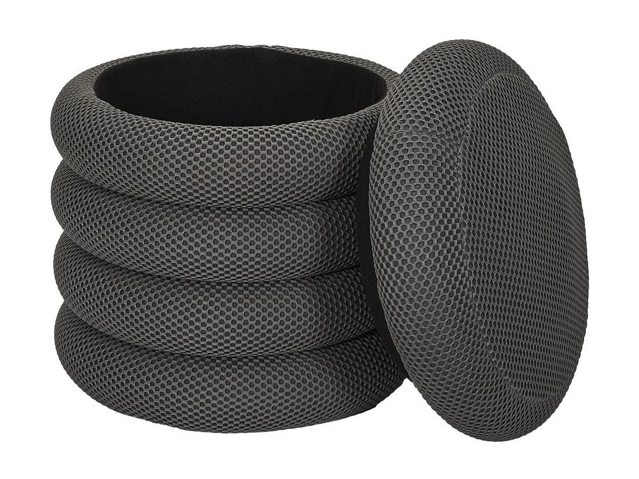 Pouf rangement rond en tissu texturé maille 3D gris - ELECTRON