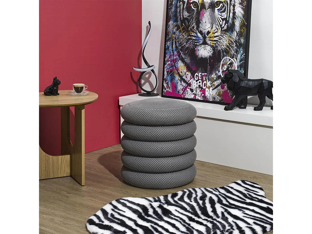 Pouf rangement rond en tissu texturé maille 3D gris - ELECTRON