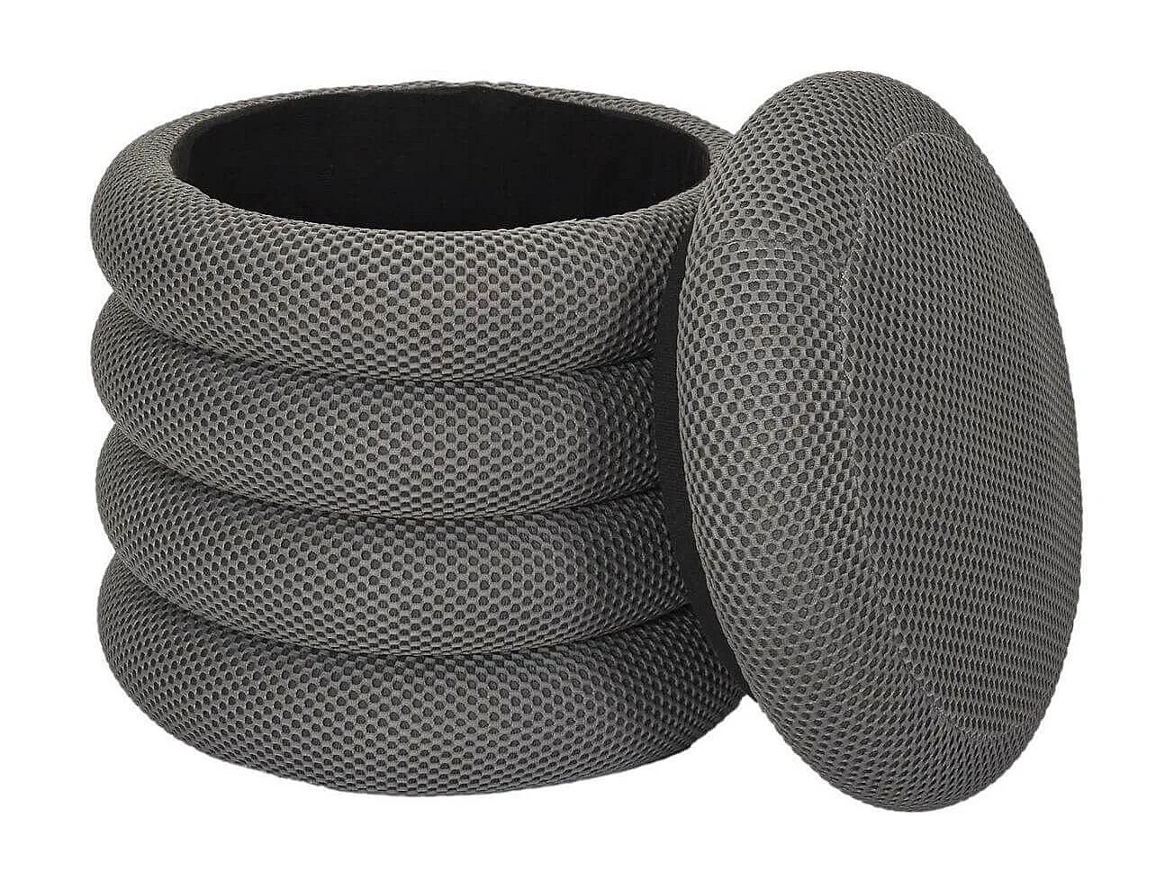 Pouf rangement rond en tissu texturé maille 3D gris - ELECTRON
