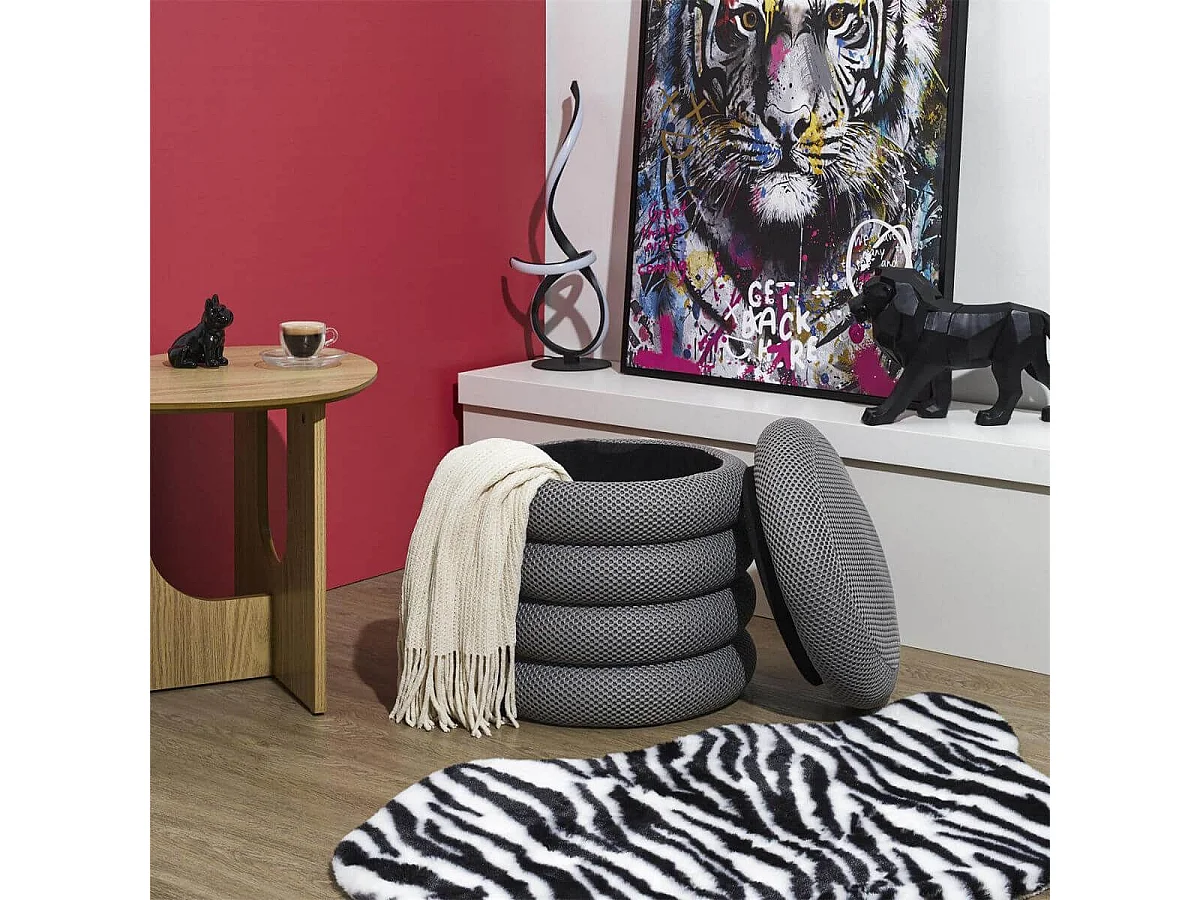 Pouf rangement rond en tissu texturé maille 3D gris - ELECTRON