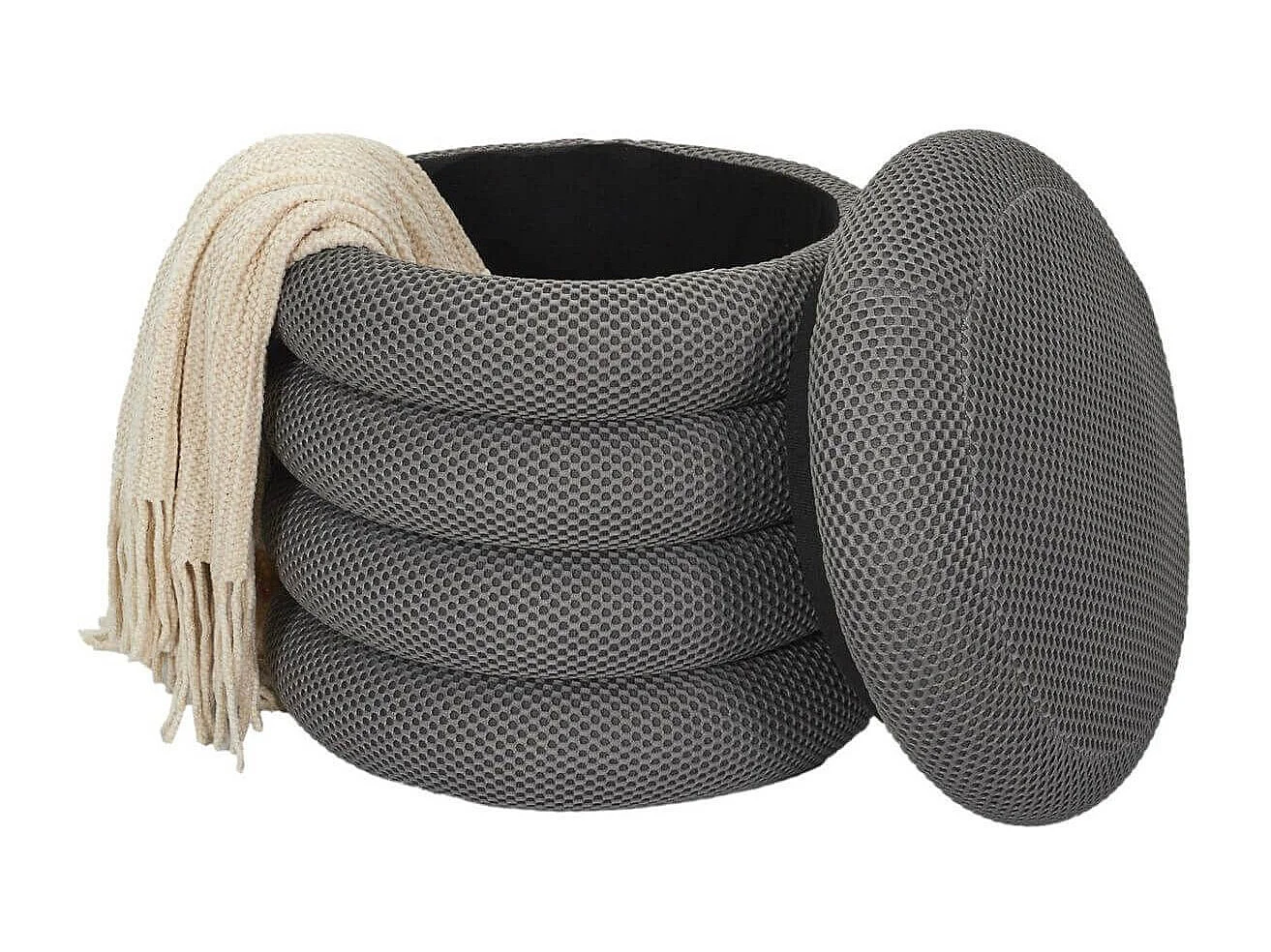 Pouf rangement rond en tissu texturé maille 3D gris - ELECTRON
