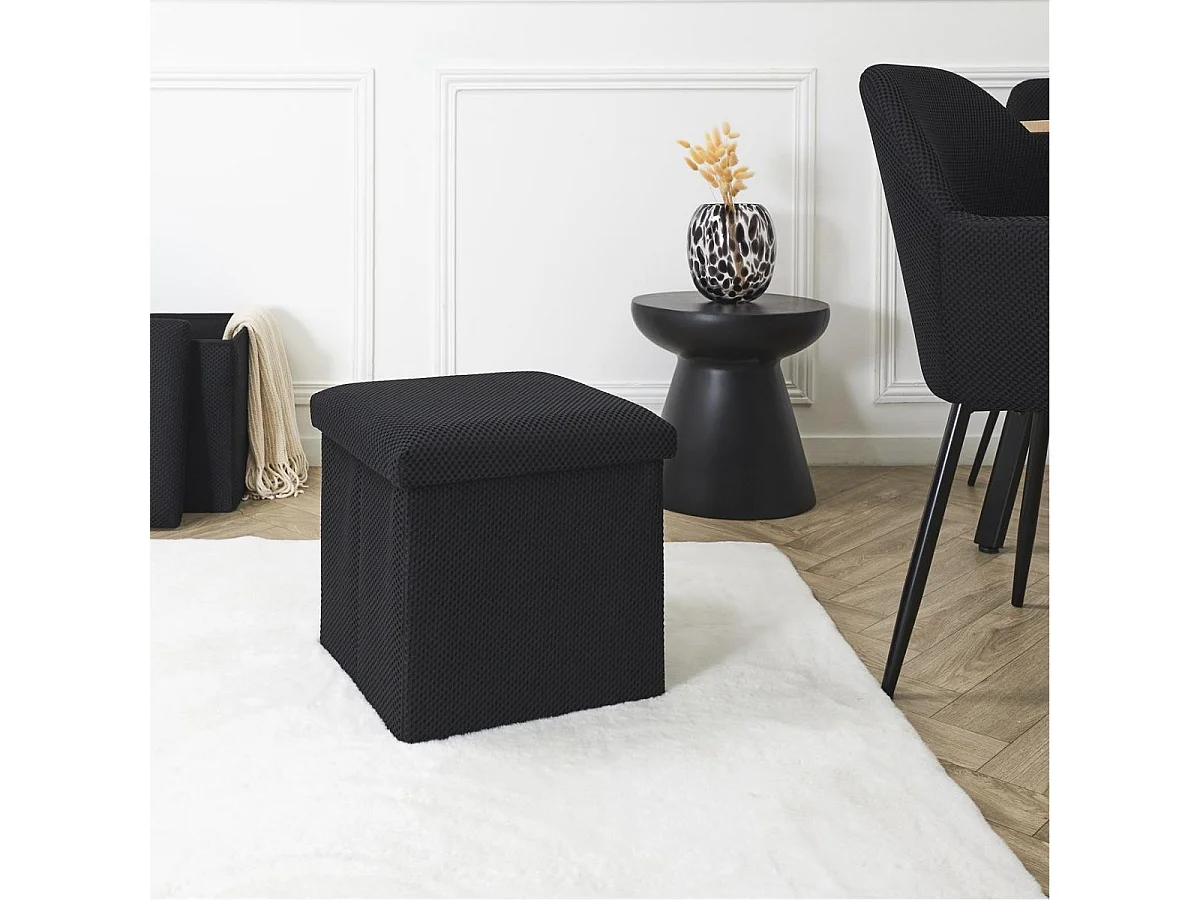 Pouf coffre carré pliable en tissu texturé maille 3D noir - ELECTRON