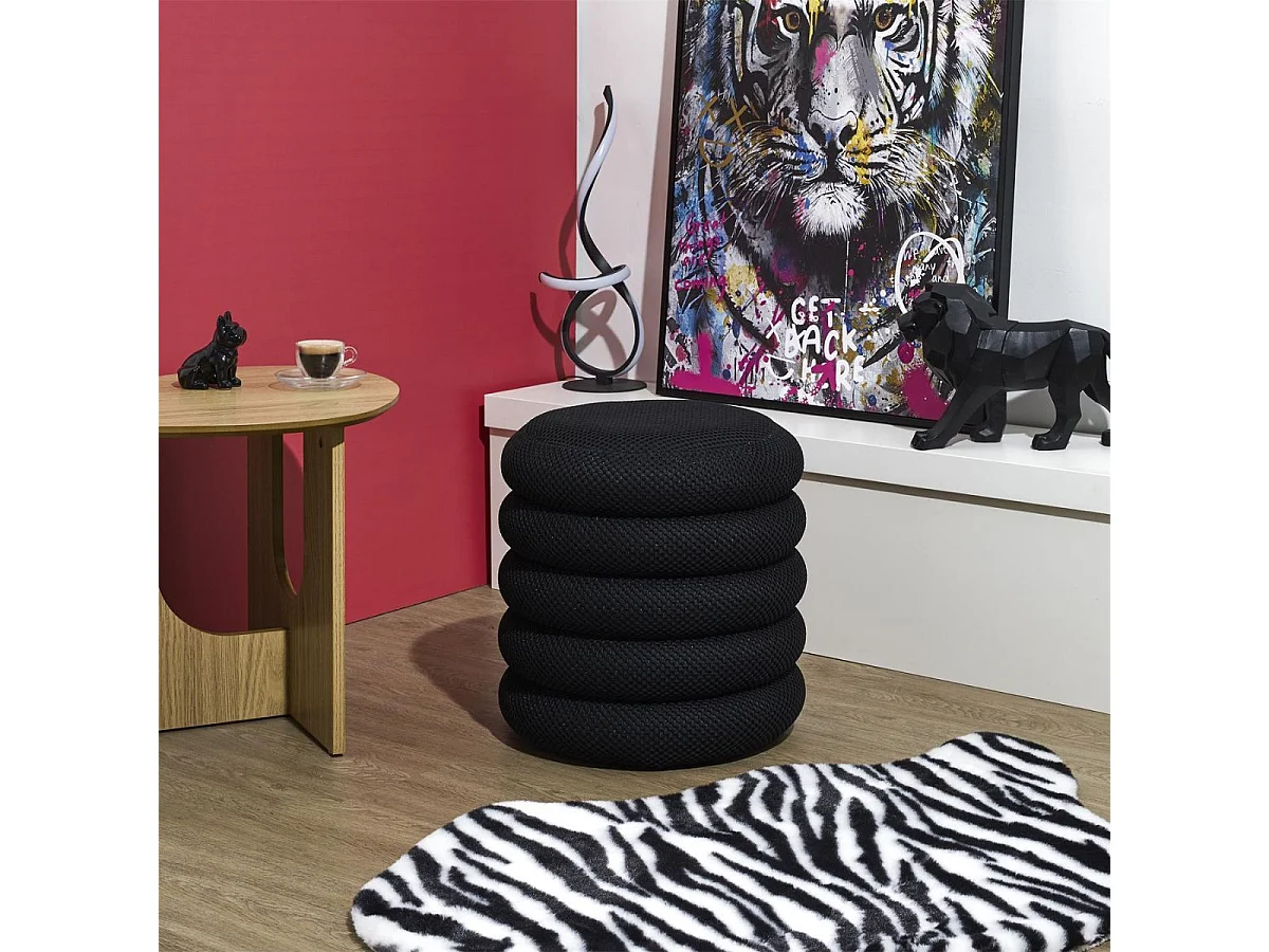 Pouf rangement rond en tissu texturé maille 3D noir - ELECTRON