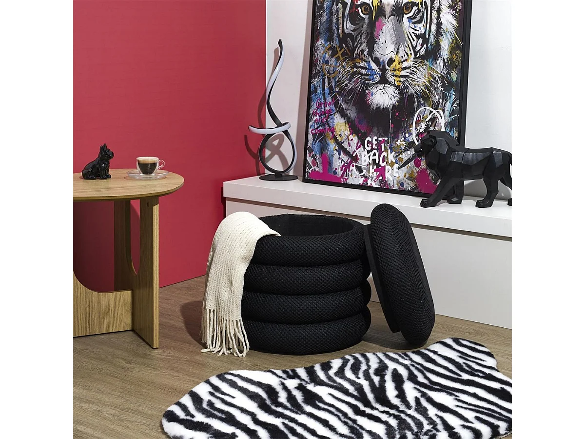 Pouf rangement rond en tissu texturé maille 3D noir - ELECTRON