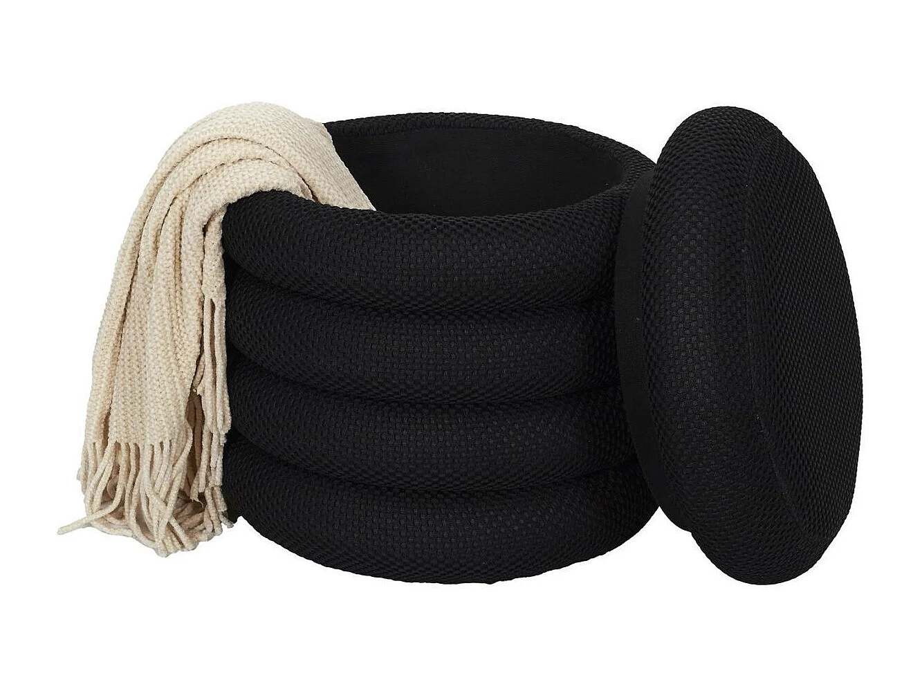 Pouf rangement rond en tissu texturé maille 3D noir - ELECTRON