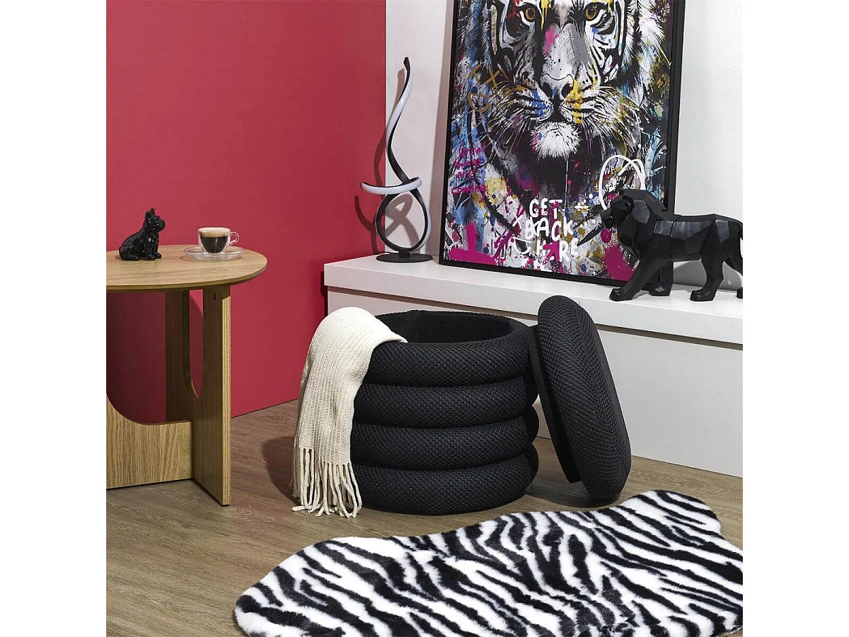 Pouf rangement rond en tissu texturé maille 3D noir - ELECTRON
