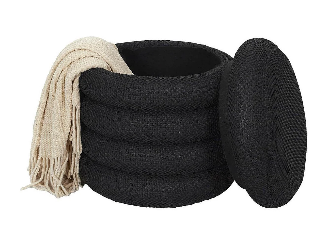 Pouf rangement rond en tissu texturé maille 3D noir - ELECTRON