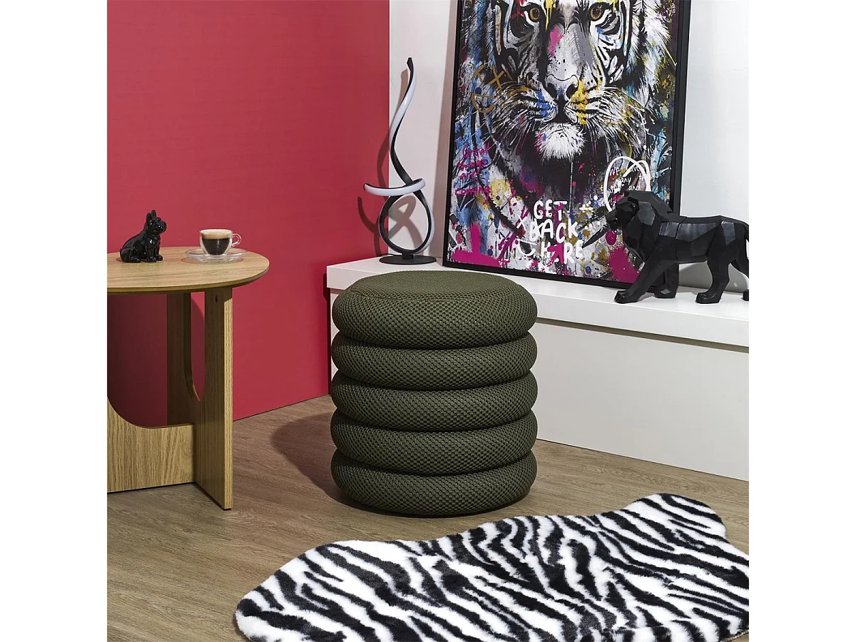 Pouf rangement rond en tissu texturé maille 3D kaki - ELECTRON