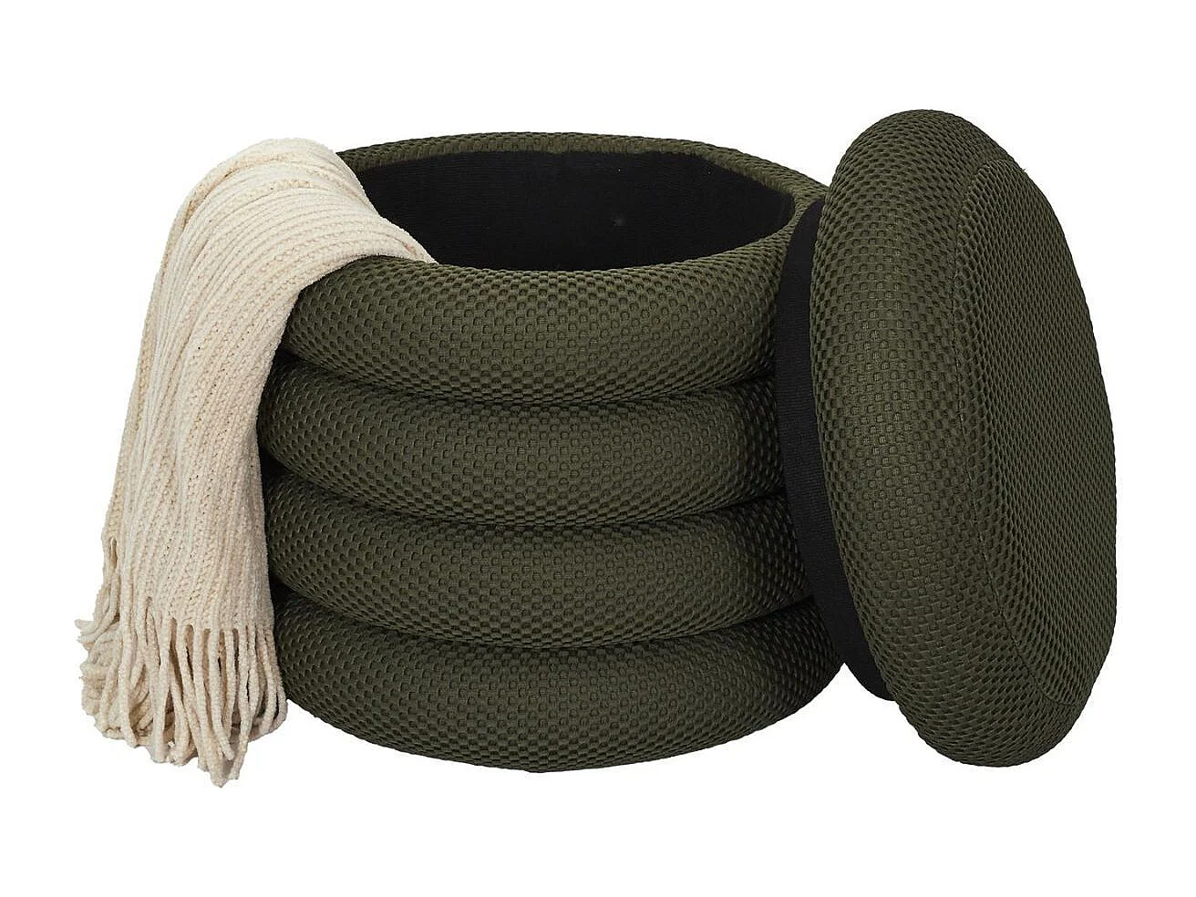 Pouf rangement rond en tissu texturé maille 3D kaki - ELECTRON