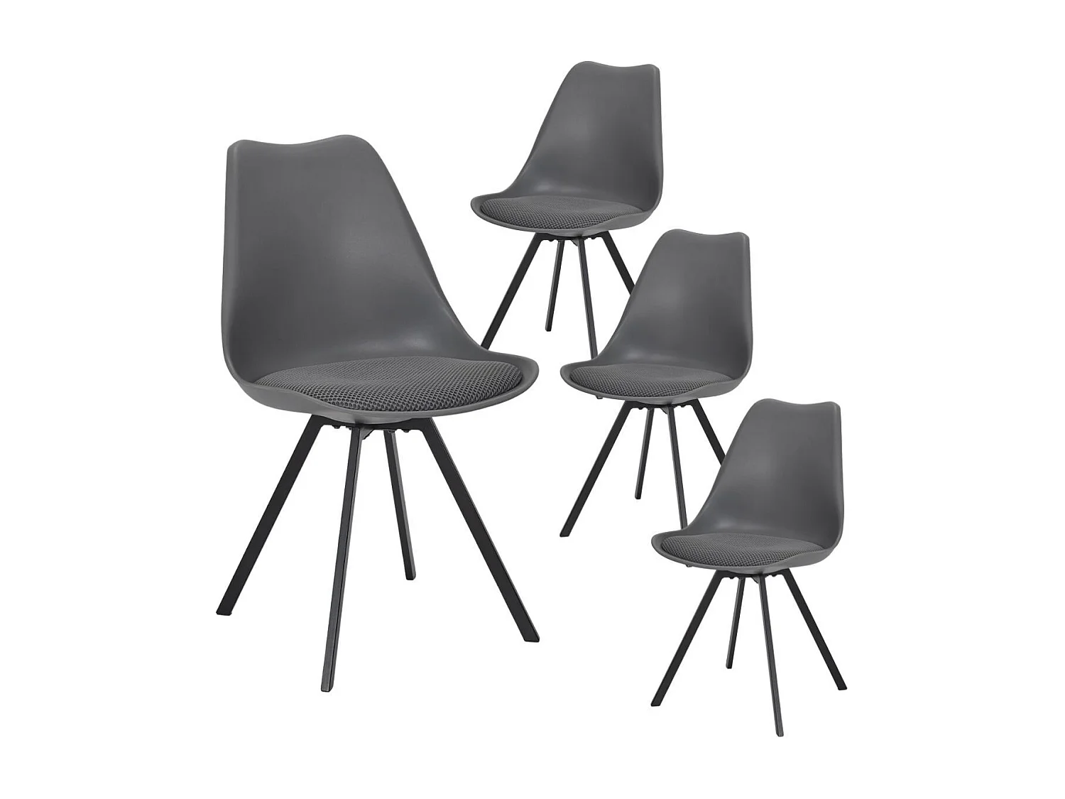 Lot de 4 chaises coque plastique et coussin en tissu texturé maille 3D gris - ELECTRON