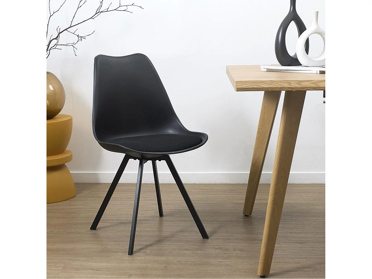 Lot de 6 chaises coque plastique et coussin en tissu texturé maille 3D noir - ELECTRON