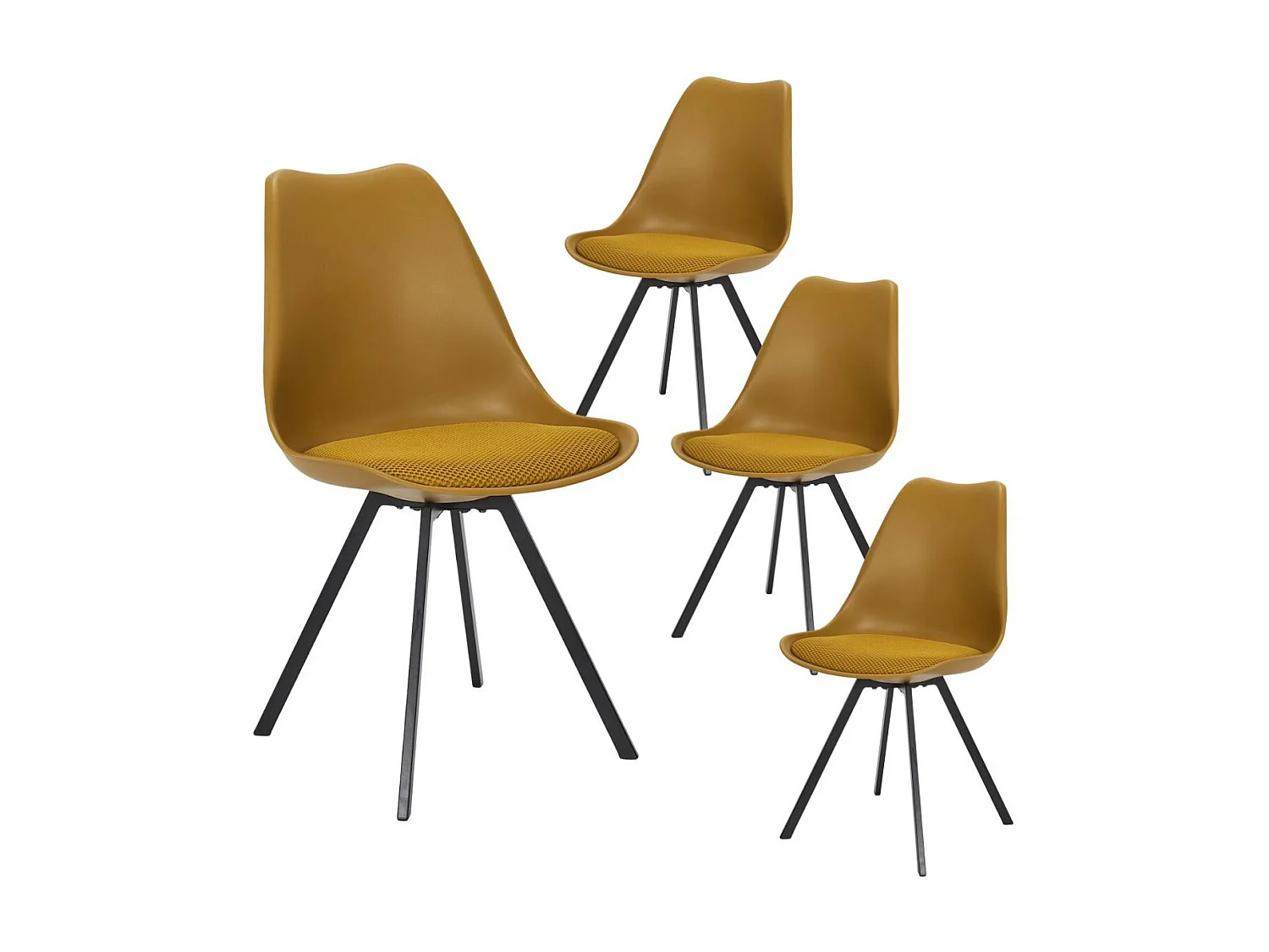 Lot de 4 chaises coque plastique et coussin en tissu texturé maille 3D jaune - ELECTRON