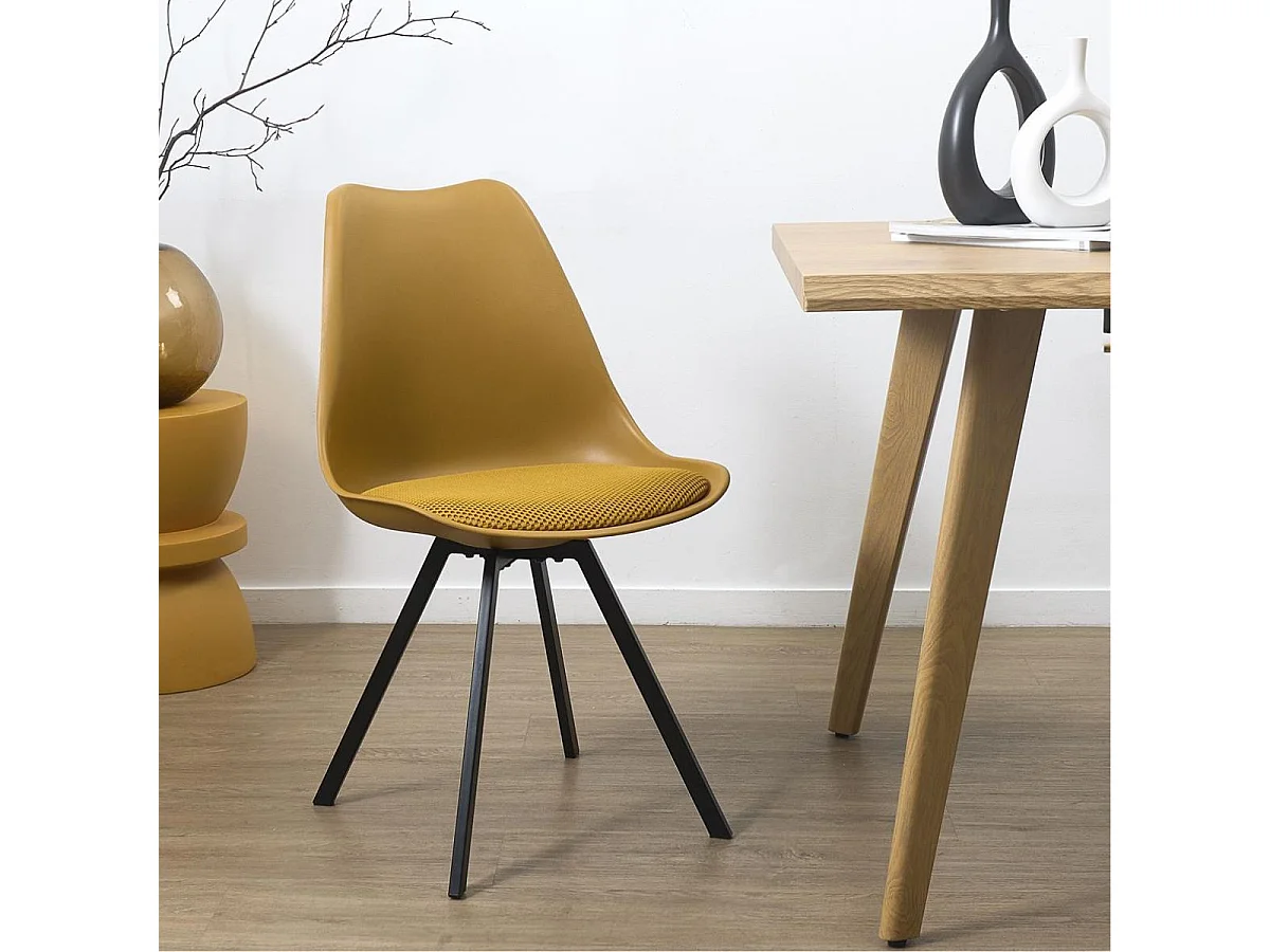 Lot de 4 chaises coque plastique et coussin en tissu texturé maille 3D jaune - ELECTRON