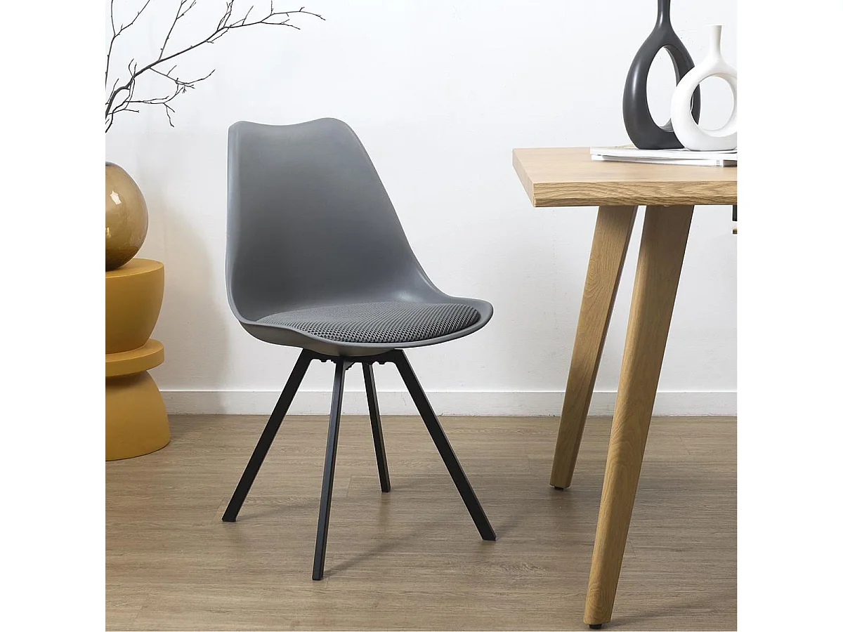 Lot de 2 chaises coque plastique et coussin en tissu texturé maille 3D gris - ELECTRON