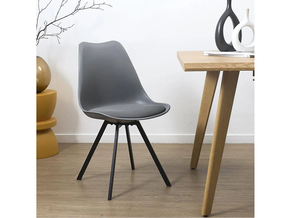 Lot de 2 chaises coque plastique et coussin en tissu texturé maille 3D gris - ELECTRON