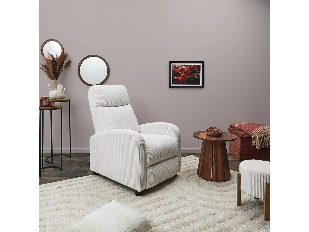 Fauteuil relax manuel en tissu côtelé écru - AMORY