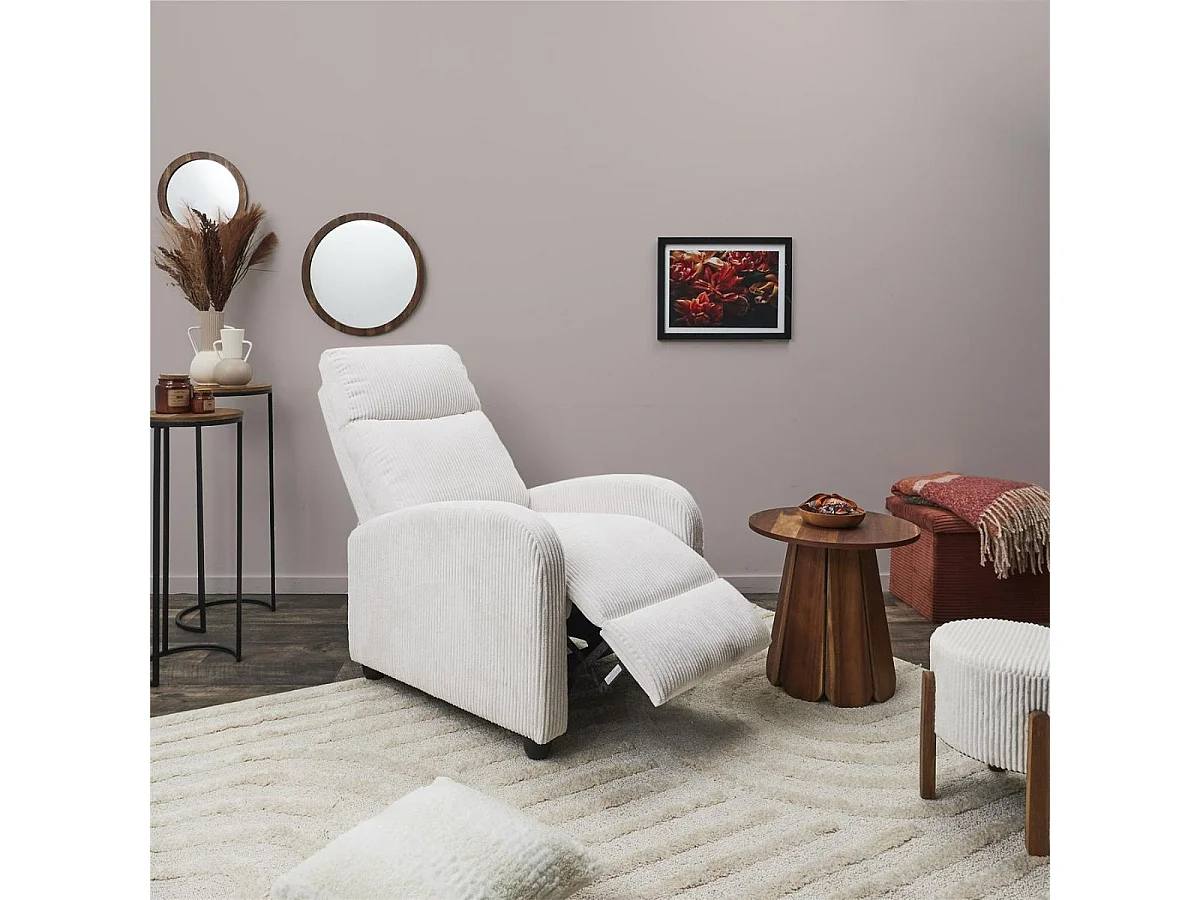 Fauteuil relax manuel en tissu côtelé écru - AMORY