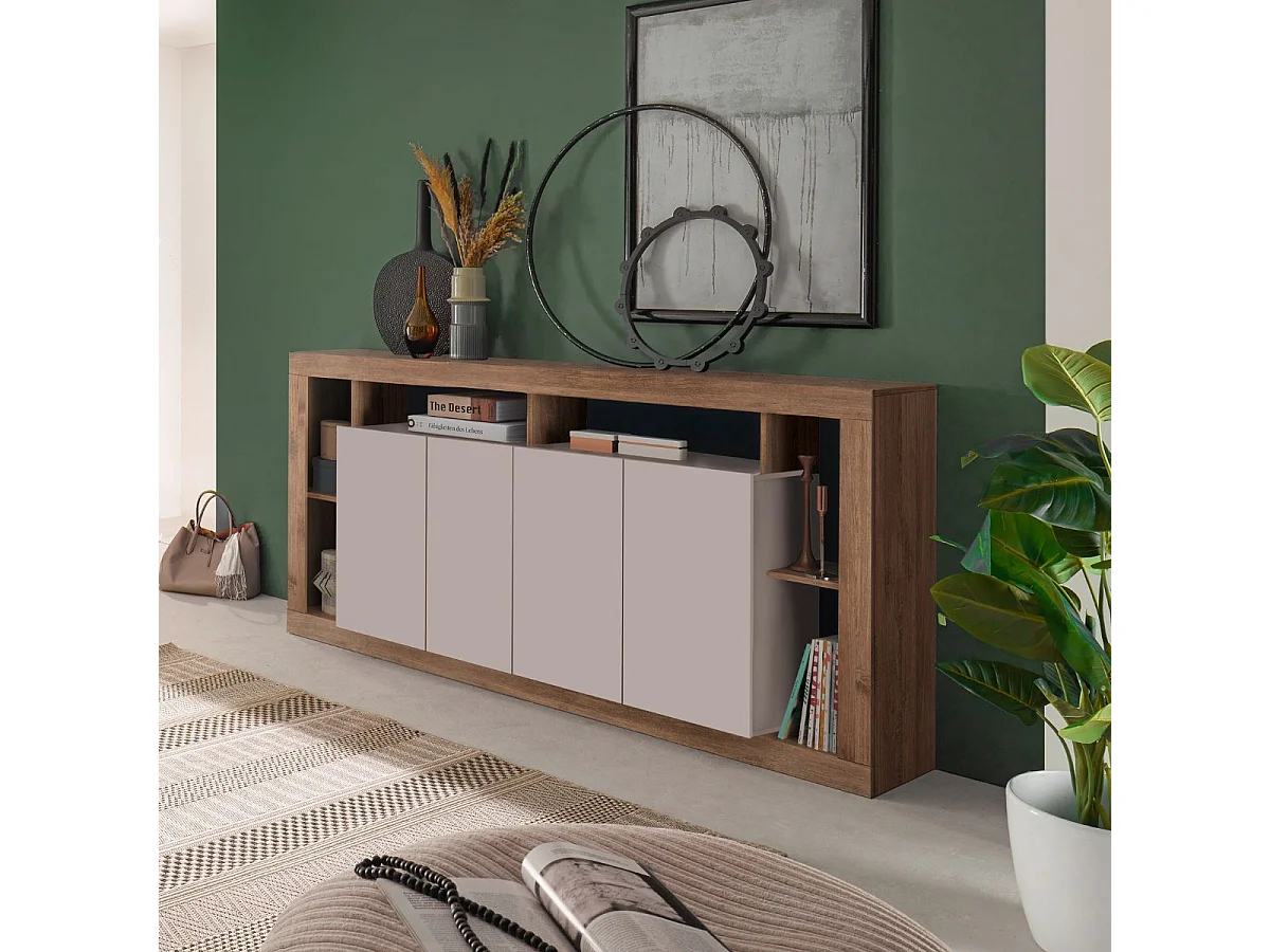 Buffet 4 portes avec encadrement 6 niches beige et aspect bois finition Mercure - LIMANI