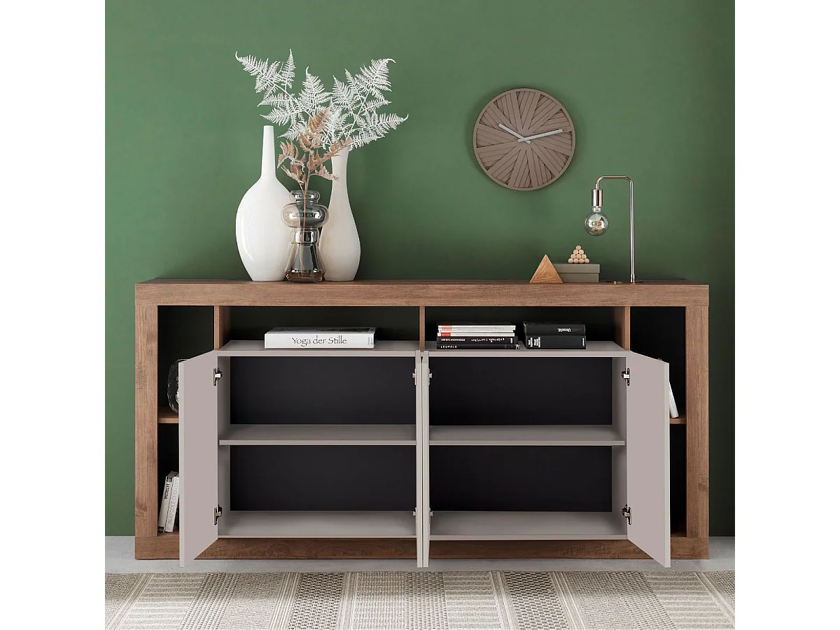 Buffet 4 portes avec encadrement 6 niches beige et aspect bois finition Mercure - LIMANI