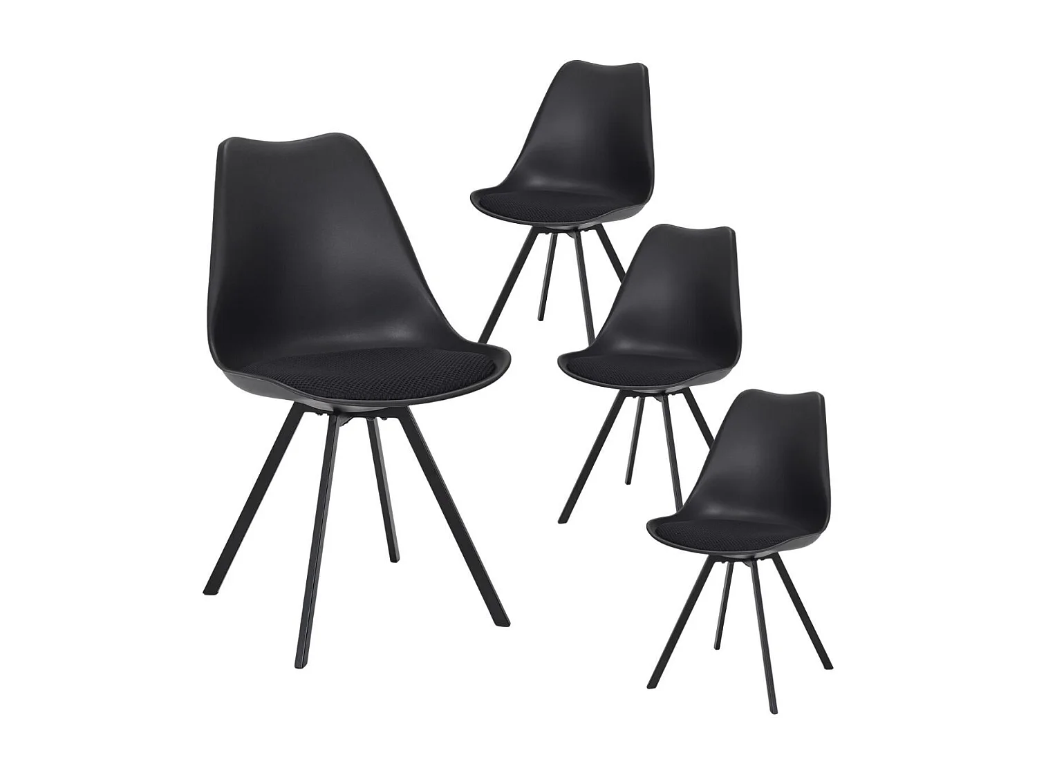 Lot de 4 chaises coque plastique et coussin en tissu texturé maille 3D noir - ELECTRON