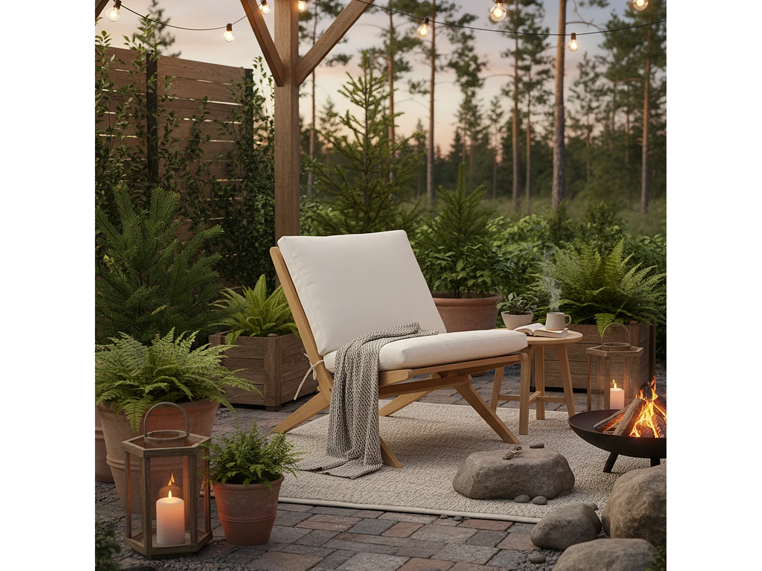 Fauteuil pliant en acacia et coussins beige FARO - HAPPY GARDEN