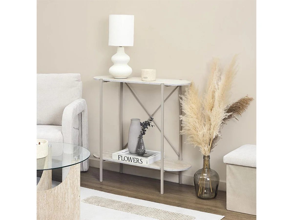Console 2 niveaux en métal laqué beige plateaux aspect pierre naturelle - SHANON