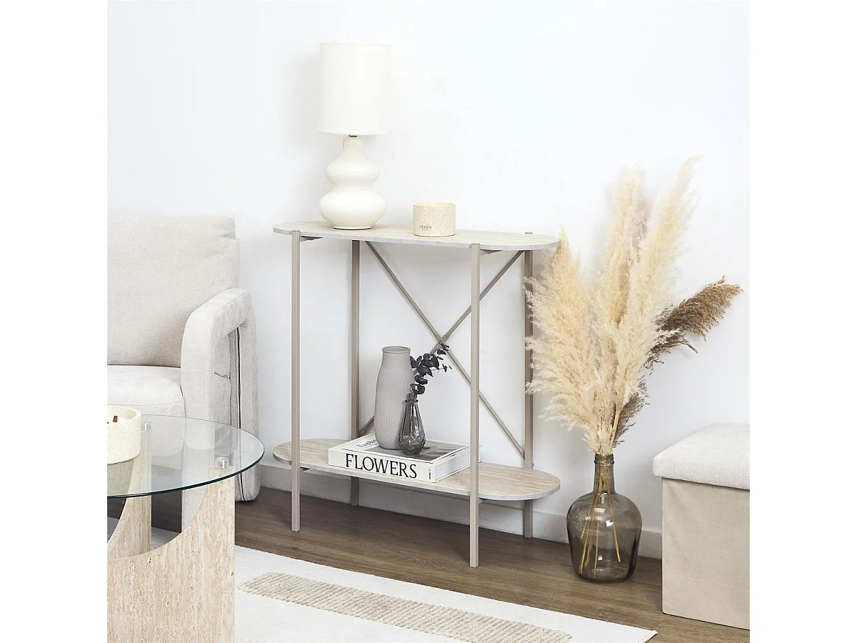 Console 2 niveaux en métal laqué beige plateaux aspect pierre naturelle - SHANON