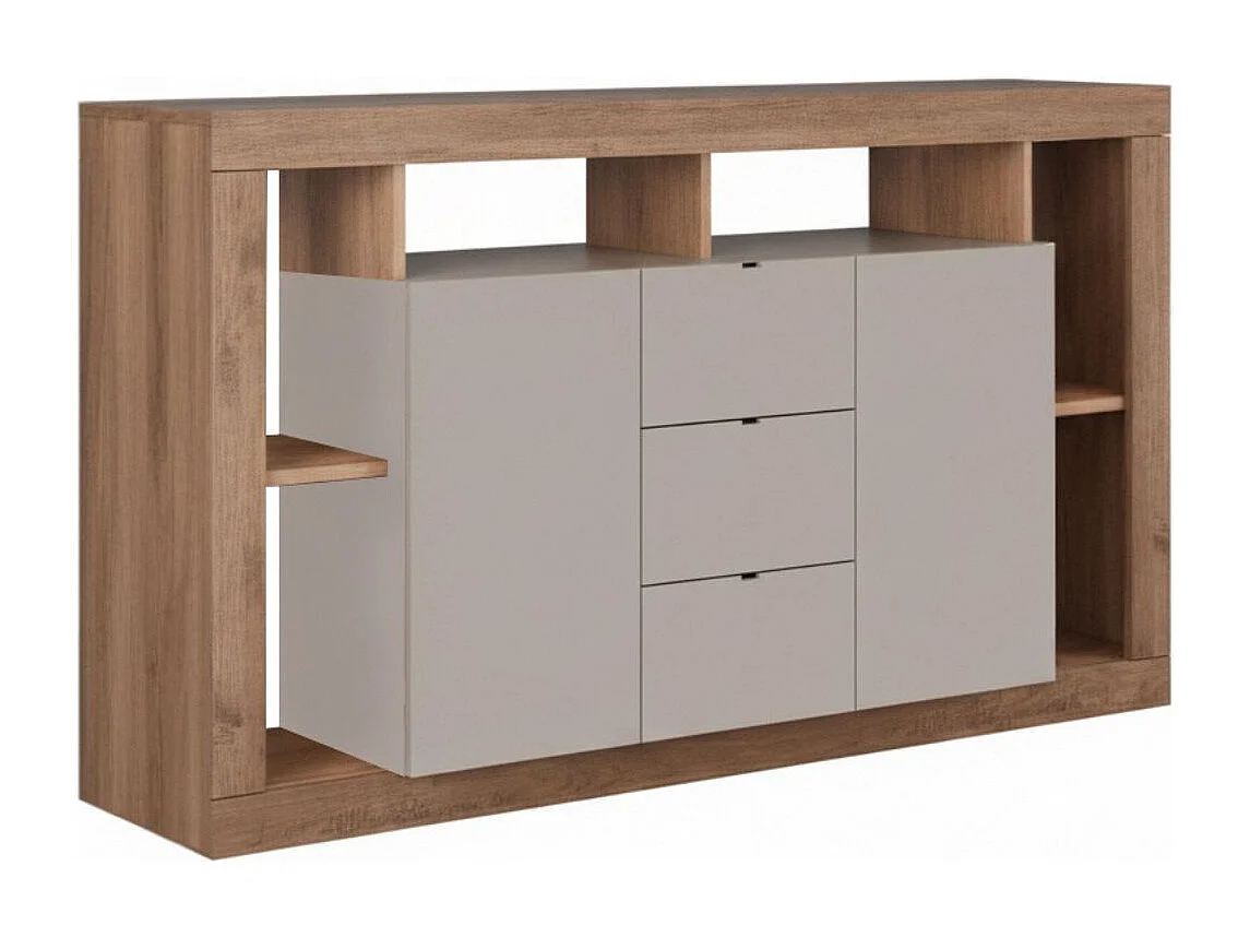 Buffet 2 portes 3 tiroirs avec encadrement 6 niches beige et aspect bois finition Mercure - LIMANI