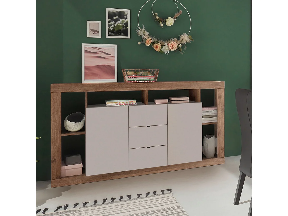 Buffet 2 portes 3 tiroirs avec encadrement 6 niches beige et aspect bois finition Mercure - LIMANI
