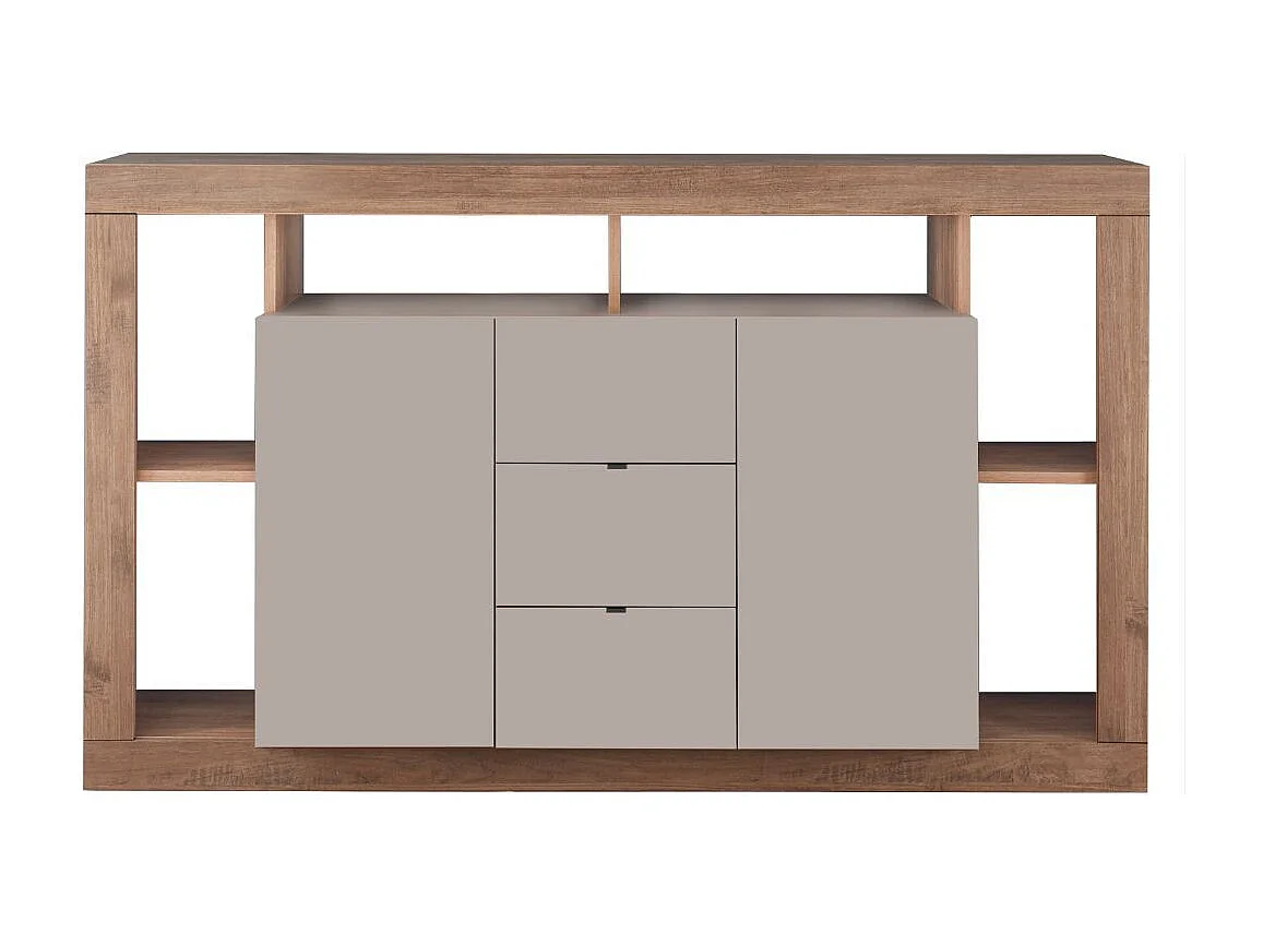 Buffet 2 portes 3 tiroirs avec encadrement 6 niches beige et aspect bois finition Mercure - LIMANI