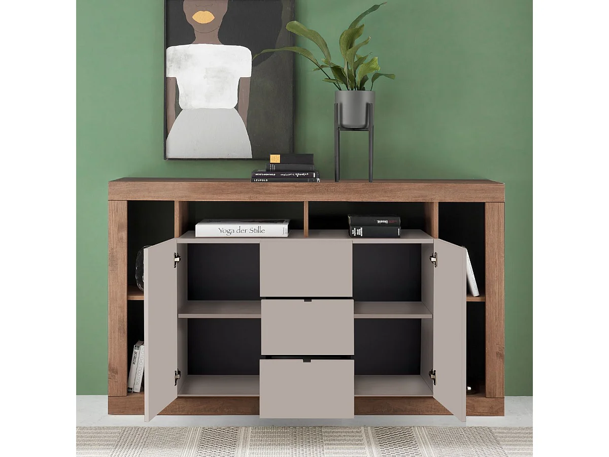 Buffet 2 portes 3 tiroirs avec encadrement 6 niches beige et aspect bois finition Mercure - LIMANI