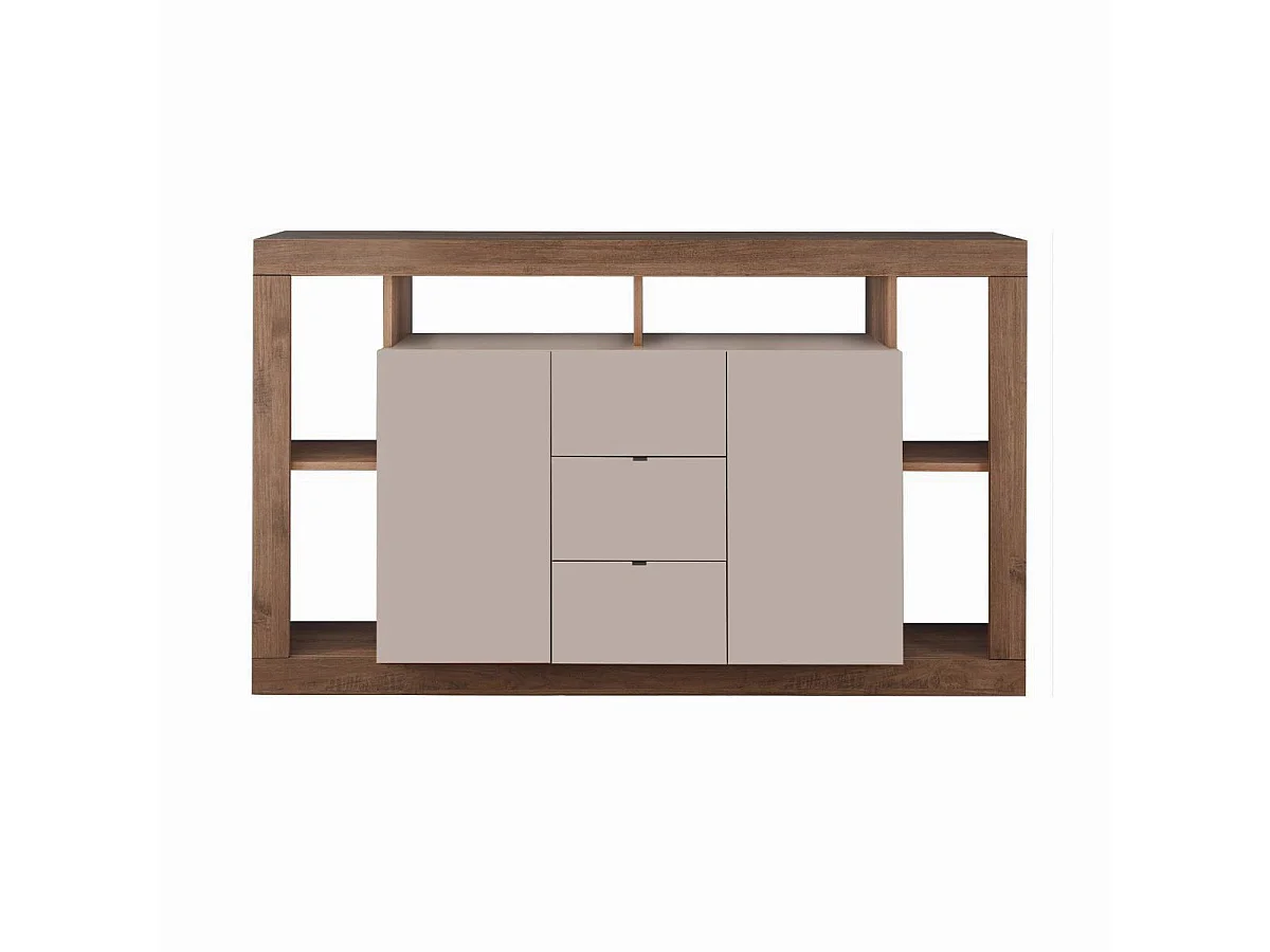 Buffet 2 portes 3 tiroirs avec encadrement 6 niches beige et aspect bois finition Mercure - LIMANI
