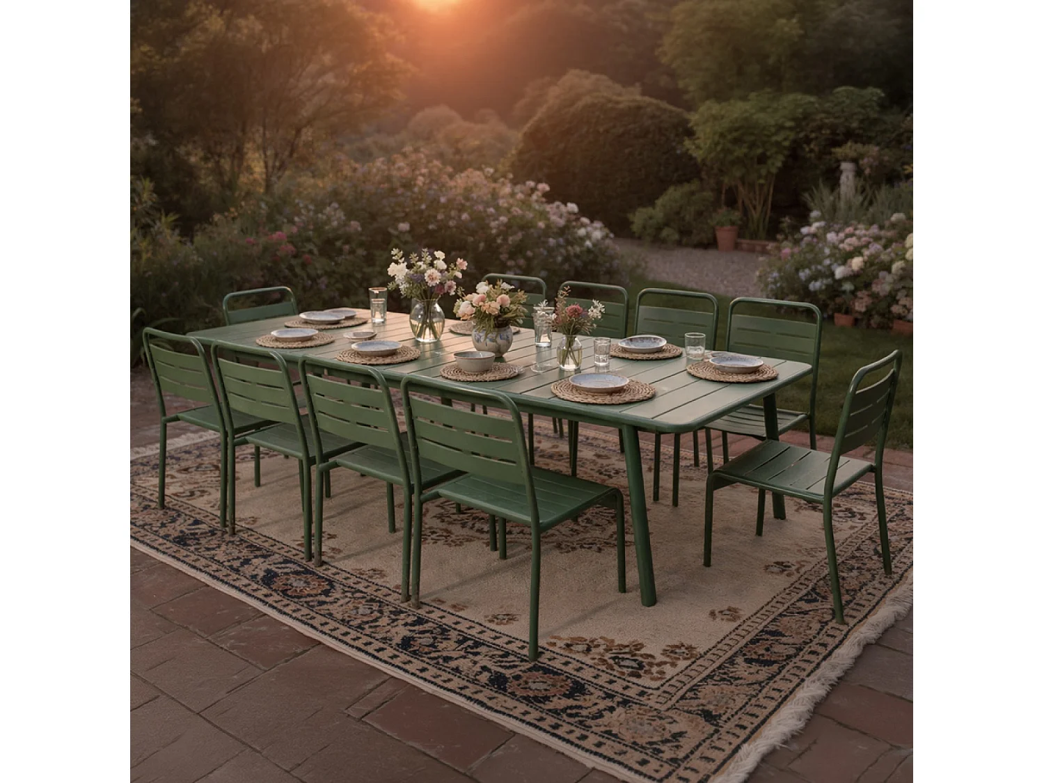 Ensemble table de jardin 234 cm et 10 chaises vert BERGAME