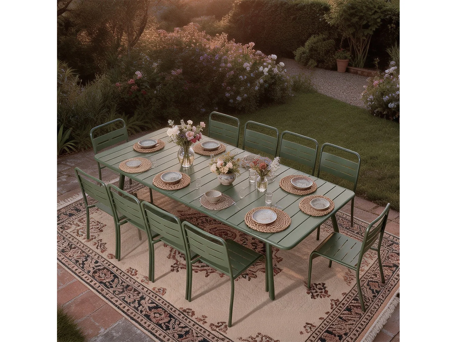 Ensemble table de jardin 234 cm et 10 chaises vert BERGAME