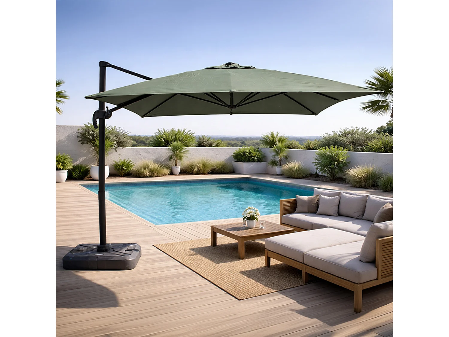 Parasol rectangulaire 3x4m déporté rotatif vert en aluminium CESARE