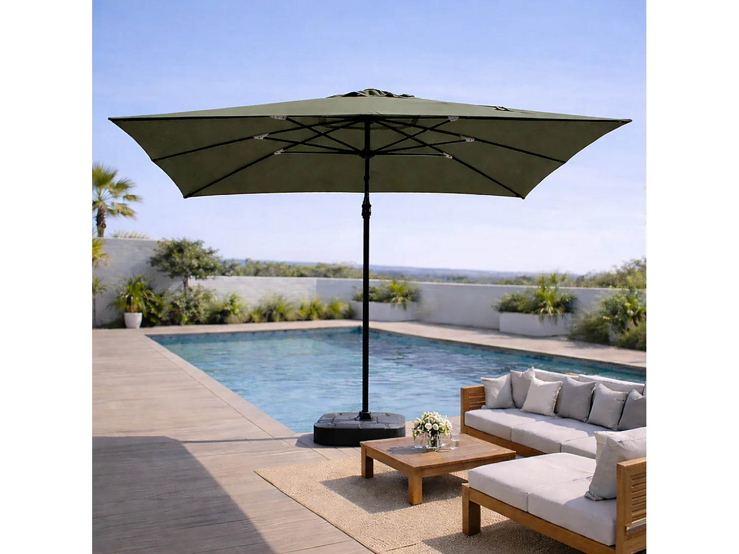 Parasol rectangulaire 3x4m déporté rotatif vert en aluminium CESARE
