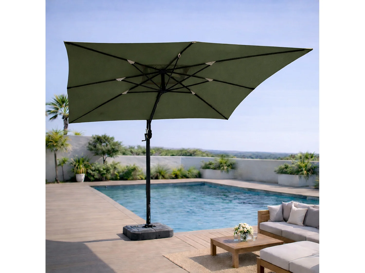 Parasol rectangulaire 3x4m déporté rotatif vert en aluminium CESARE