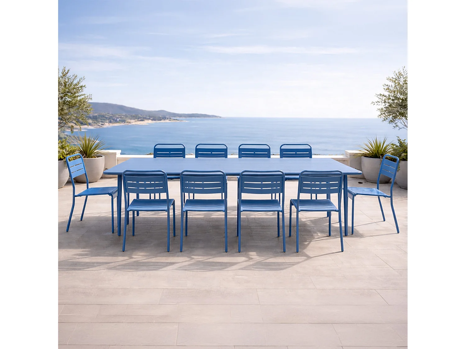 Ensemble table de jardin 234 cm et 10 chaises bleu BERGAME