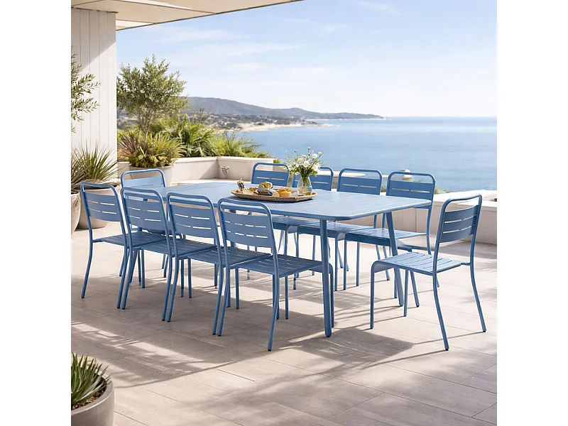Ensemble table de jardin 234 cm et 10 chaises bleu BERGAME