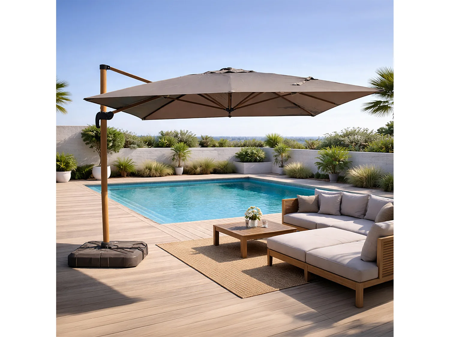 Parasol rectangulaire 3x4m déporté rotatif gris pied effet bois en aluminium CESARE