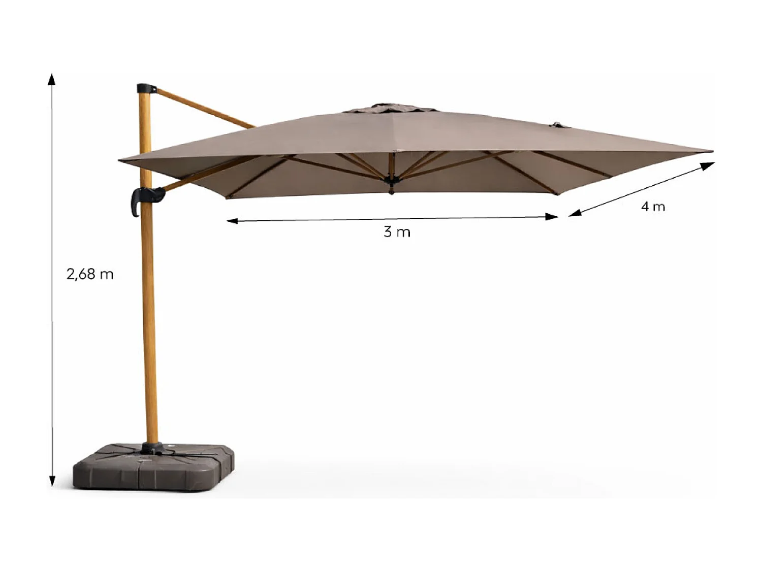 Parasol rectangulaire 3x4m déporté rotatif gris pied effet bois en aluminium CESARE