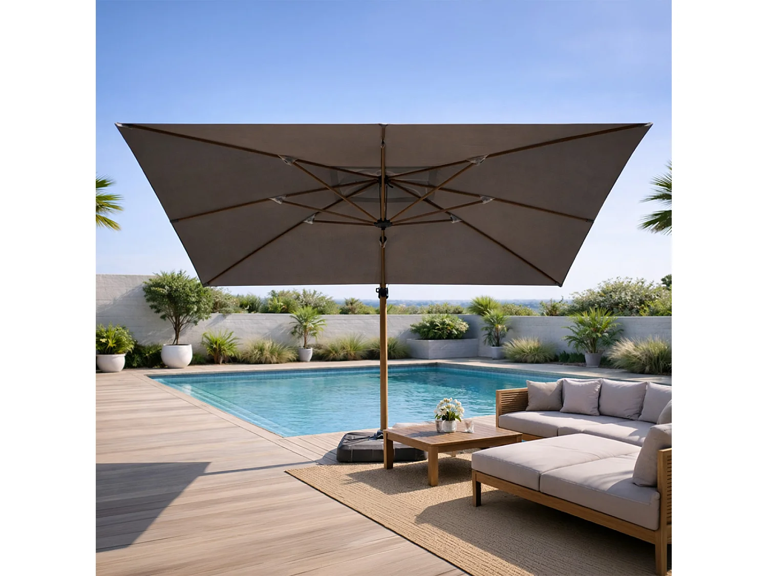 Parasol rectangulaire 3x4m déporté rotatif gris pied effet bois en aluminium CESARE