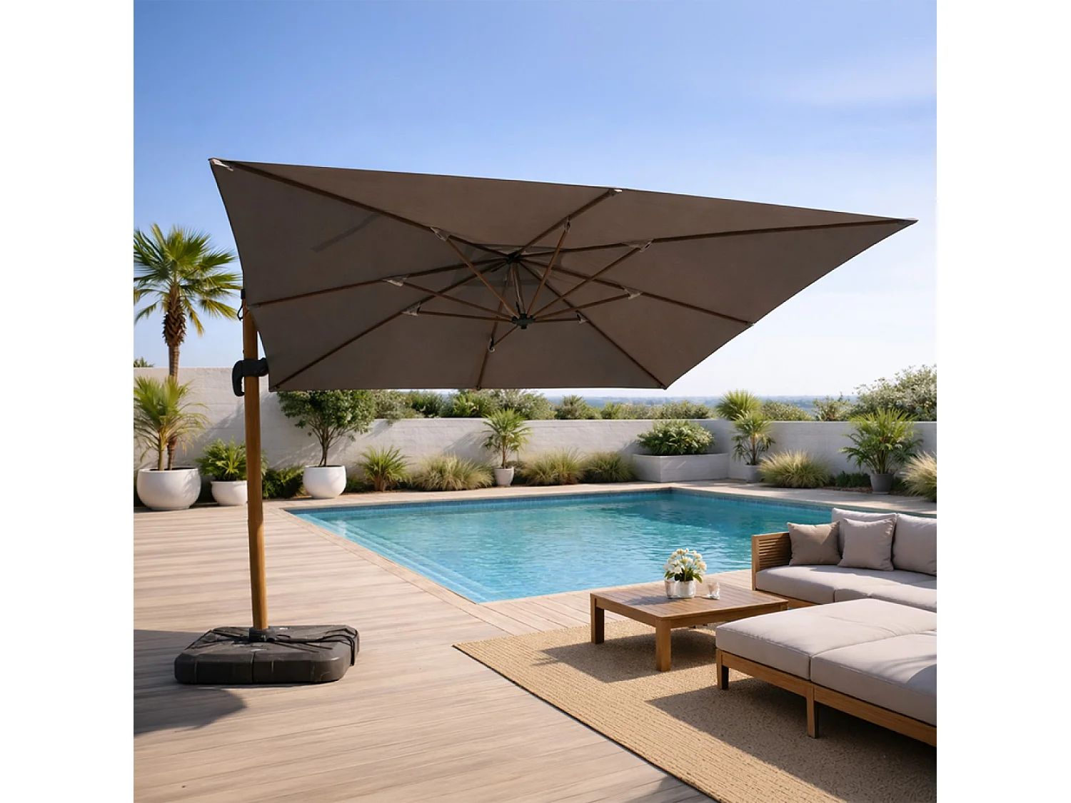 Parasol rectangulaire 3x4m déporté rotatif gris pied effet bois en aluminium CESARE